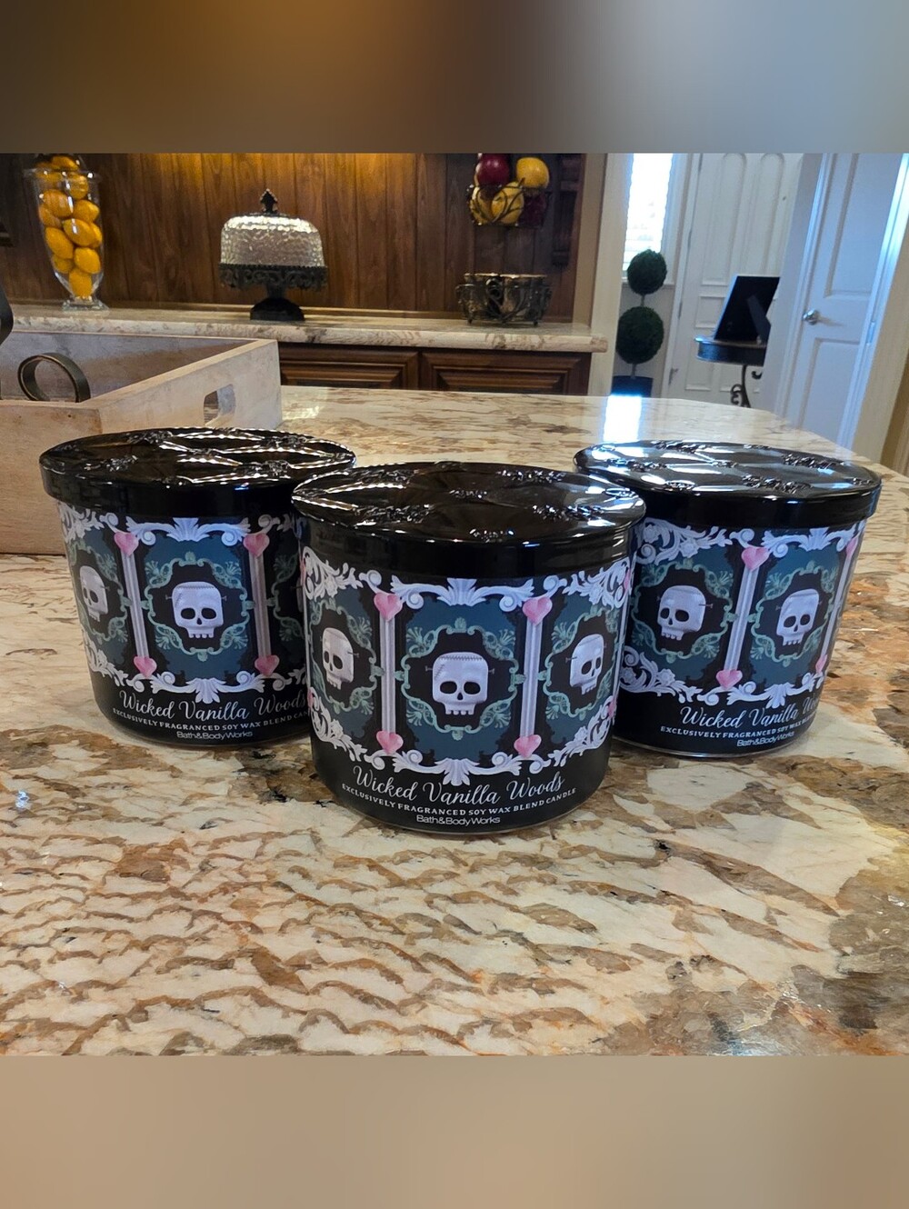 NewThree Bath & Body Works Wicked Vanilla Woods Skull Three Wick Candles Lot 3